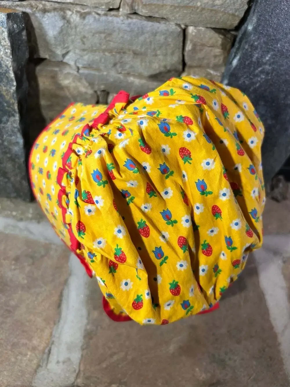 Strawberry and tulips Yellow with red trim adorable Prairie Bonnet costume small